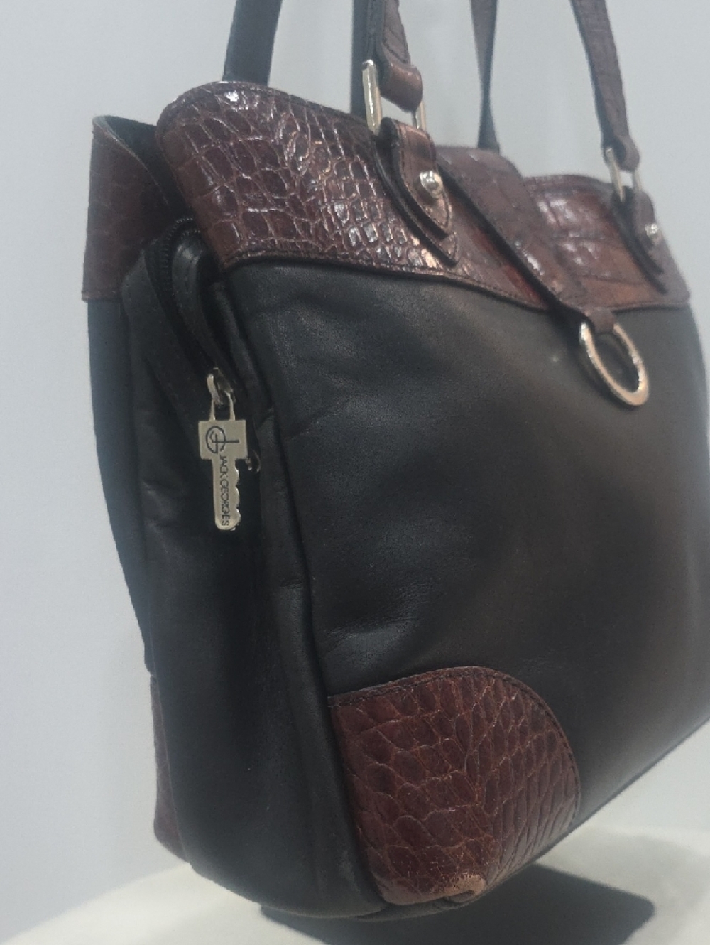 Jack Georges Venezia Veronica Two-Tone Black and  Brown Tote Leather Handbag - Picture 3 of 14